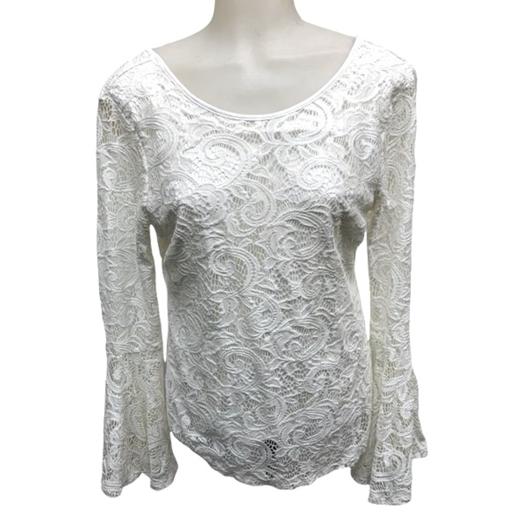 ADRIANNA PAPELL Blouse Large Bell Sleeves Cream Lace Lined Long Sleeve M
